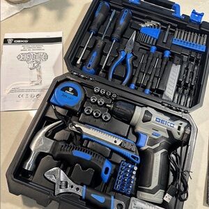 Dekopro drill set tool set 8V blue cordless drill, home tool kit 126 pieces